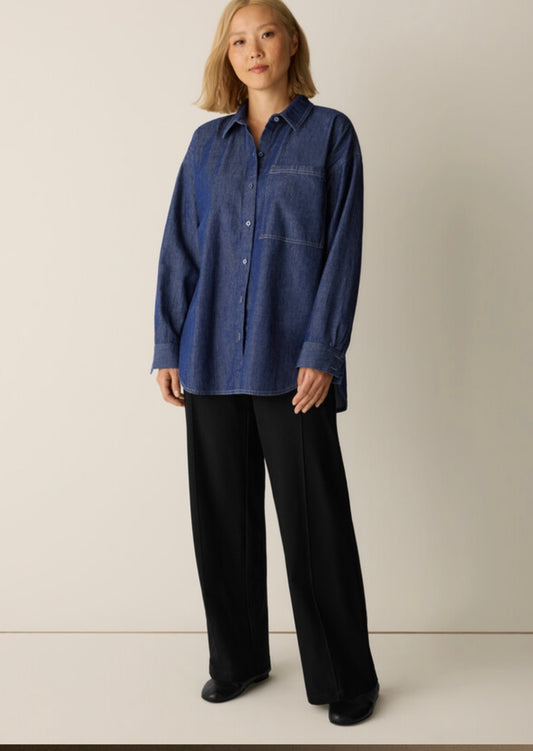 Lightweight Organic Cotton Denim Classic Collar Long Shirt Dark Indigo