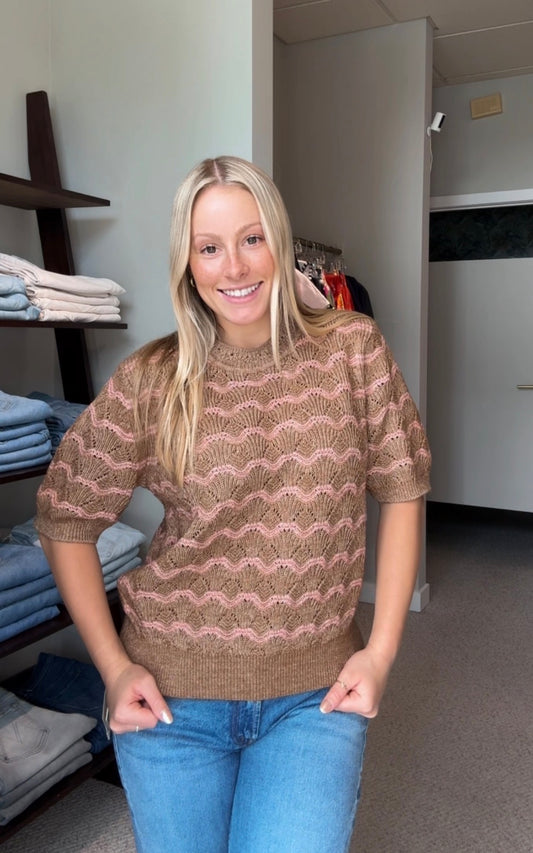 Short Sleeve Multistitch Pullover Sweater Hazelnut Stripe
