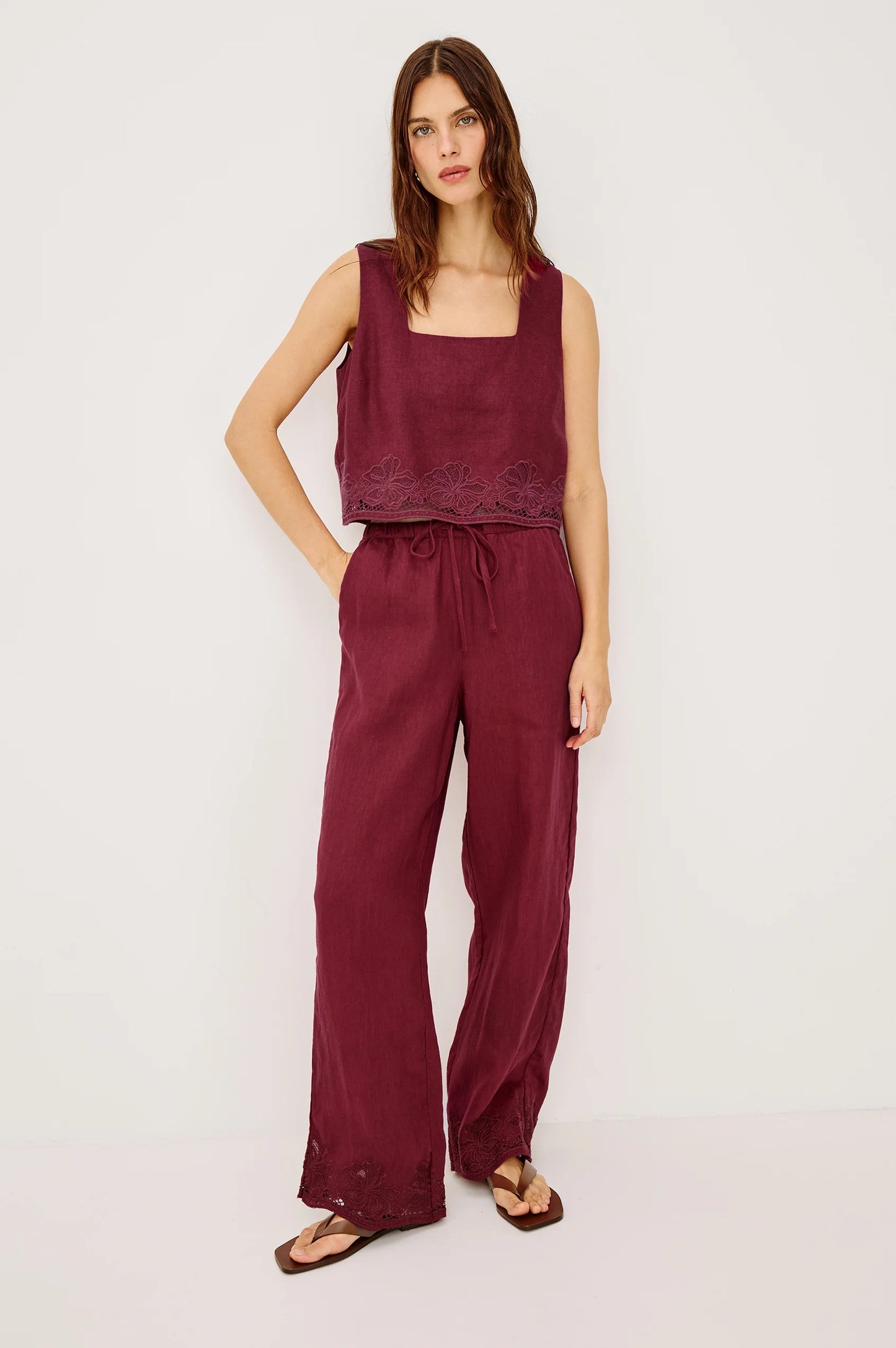 Berry Hibiscus Embroidery Pant