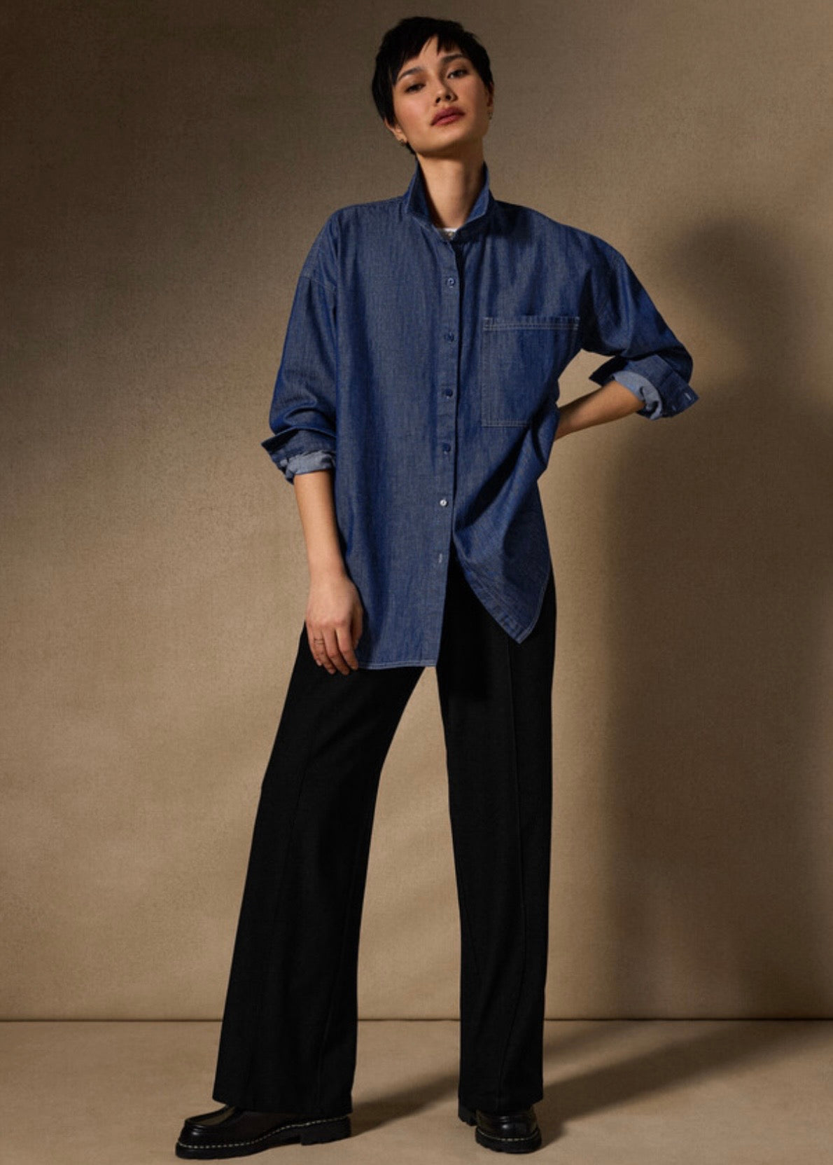 Lightweight Organic Cotton Denim Classic Collar Long Shirt Dark Indigo