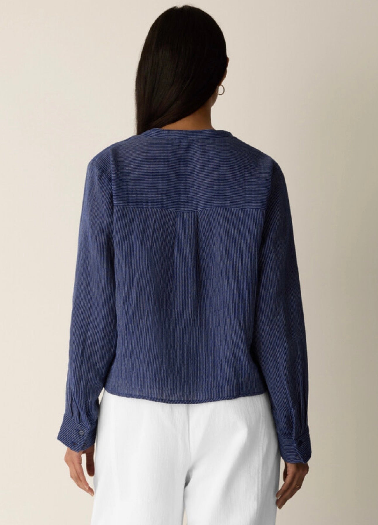 Striped Organic Cotton Gauze Band Collar Shirt