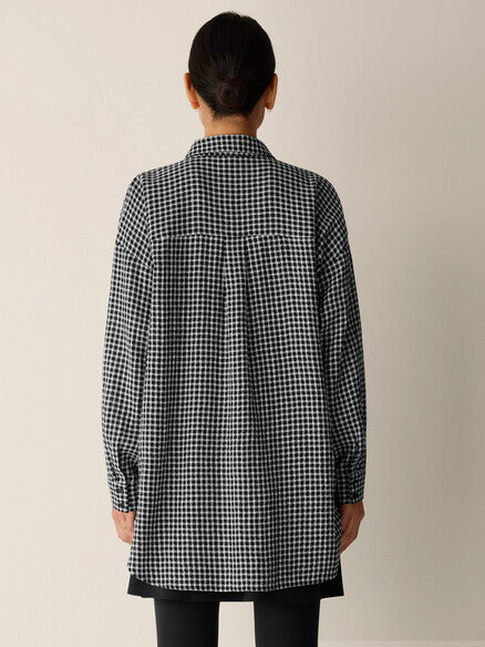 Wool Cotton Check Classic Collar Long Shirt