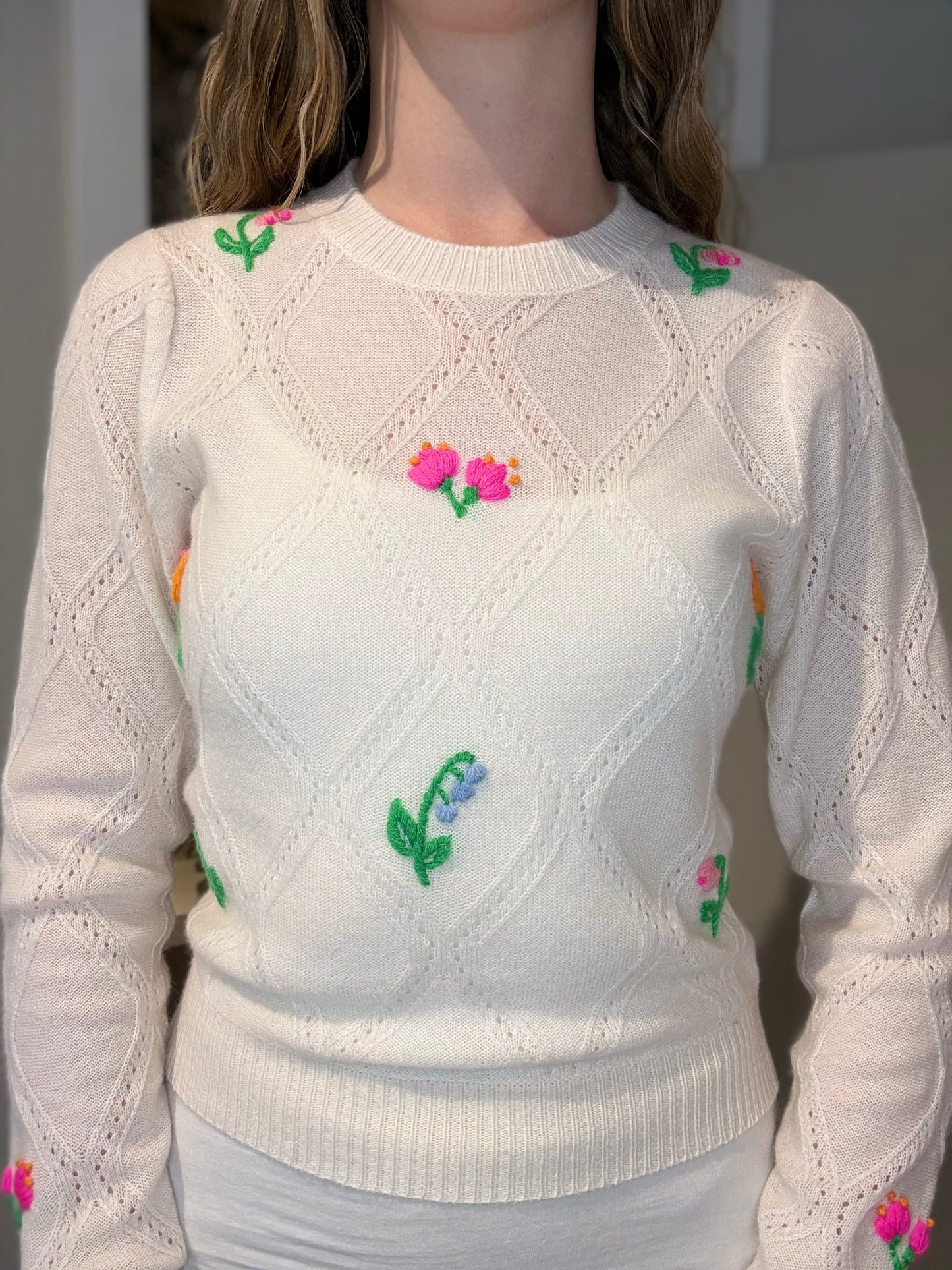 Lightweight Floral Stitch Crew