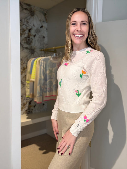 Lightweight Floral Stitch Crew