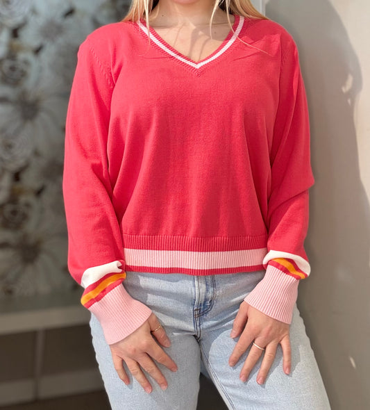 Contrast Stripe Varsity V-Neck