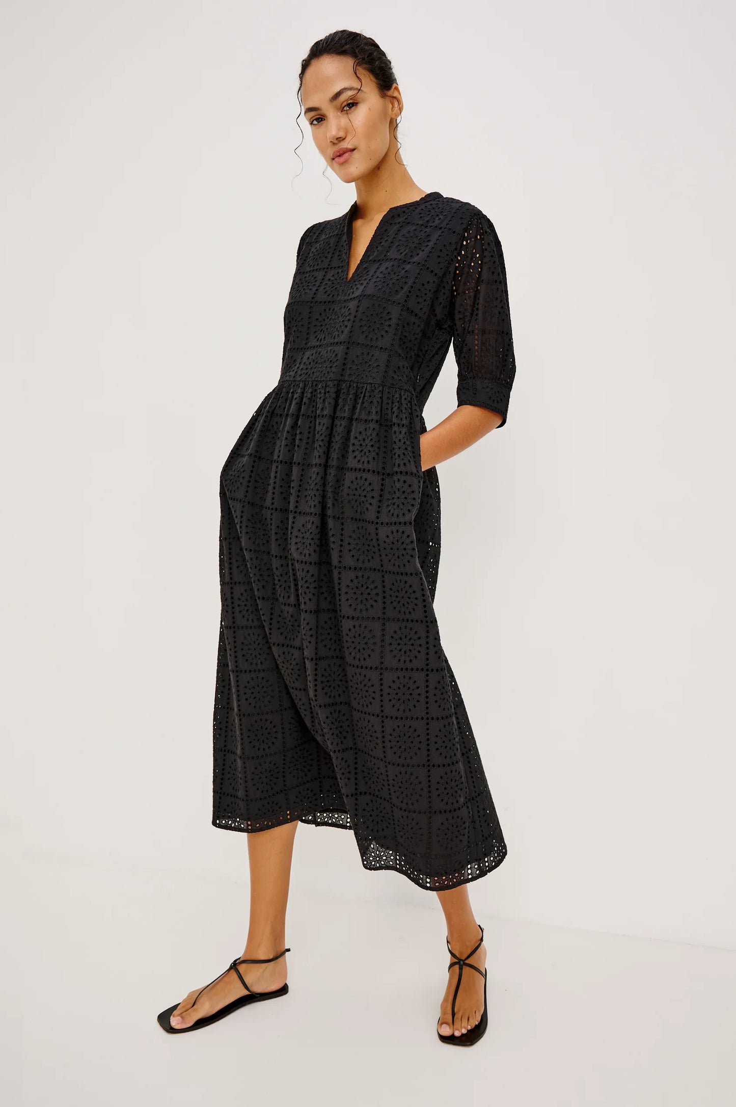 Nella dress Black Grid Embroidery