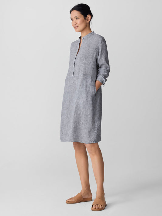 Organic Linen Stripe Band Collar Shirtdress