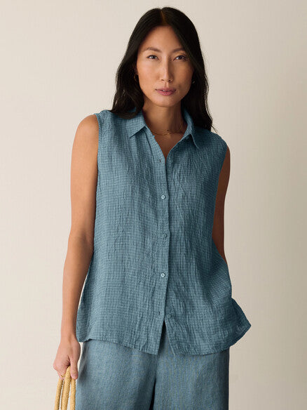 Puckered Organic Linen Grid Sleeveless Shirt