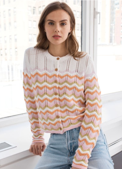 Boxy Zig Zag Stitch Crew Neck Cardigan