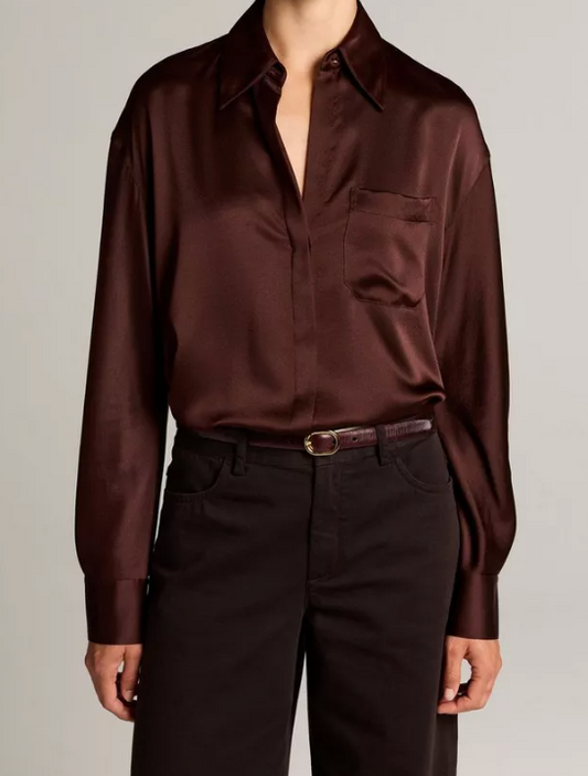 Silk Satin Dolman-Sleeve Button-Front Shirt