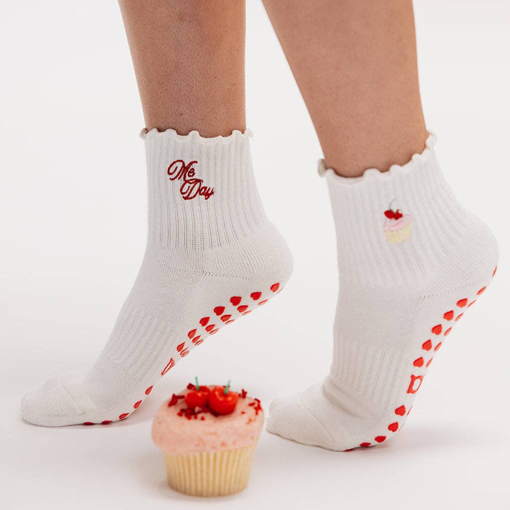 Birthday Cupcake Embroidered Cream Ruffle Pilates Grip Sock