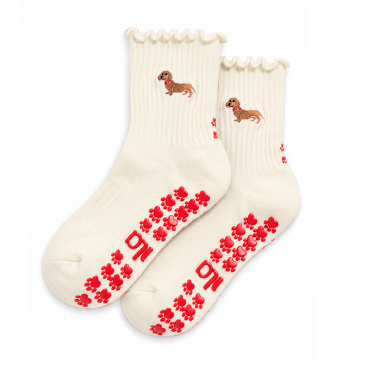 Dachshund Embroidered Pilates Socks Red Paw Grips