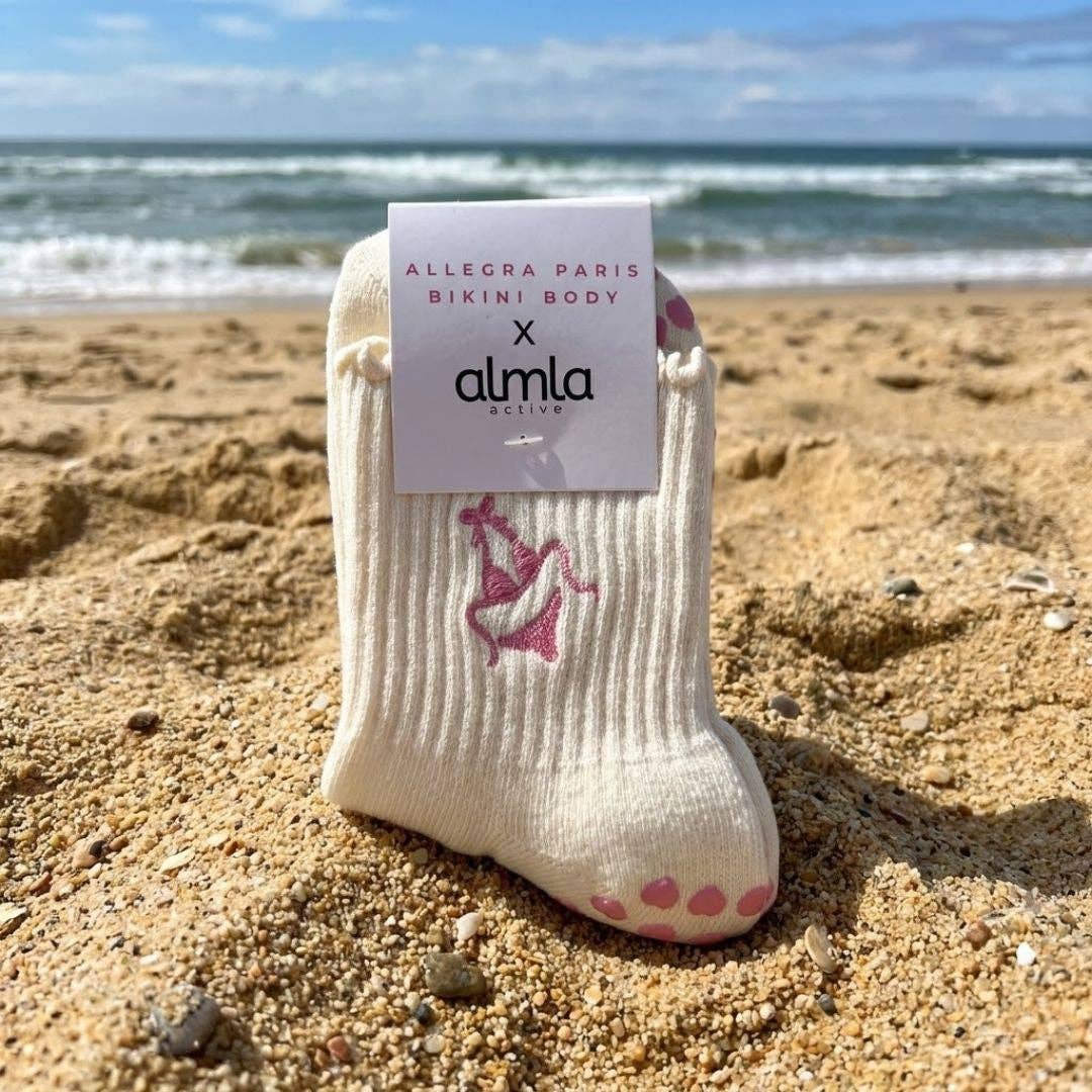 Pink Bikini on Ruffle Cream Pilates Grip Sock Heart Grips