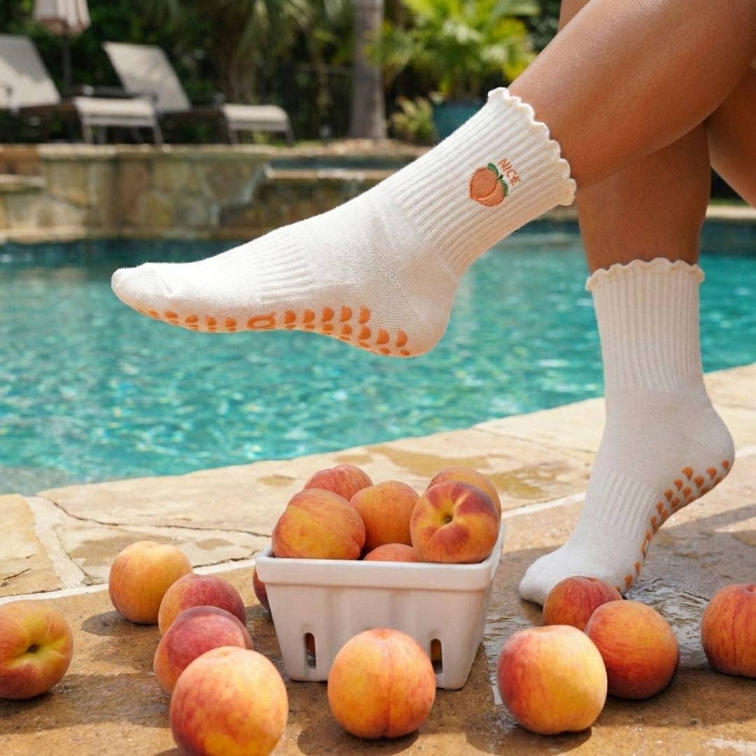 Nice Peach Fruit on Cream Ruffle Pilates Grip Sock