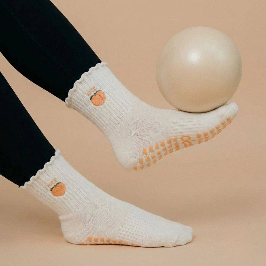 Nice Peach Fruit on Cream Ruffle Pilates Grip Sock
