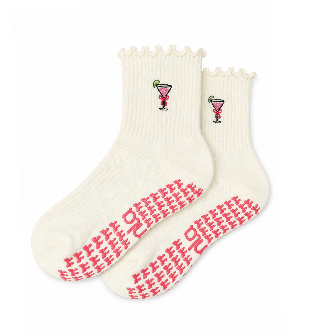 Cosmopolitan Embroidered Pilates Socks Pink Bow Grips