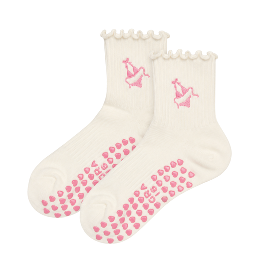 Pink Bikini on Ruffle Cream Pilates Grip Sock Heart Grips