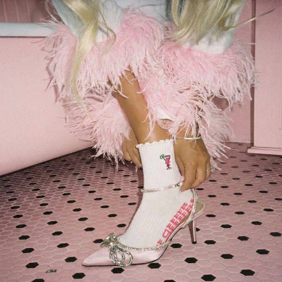 Cosmopolitan Embroidered Pilates Socks Pink Bow Grips