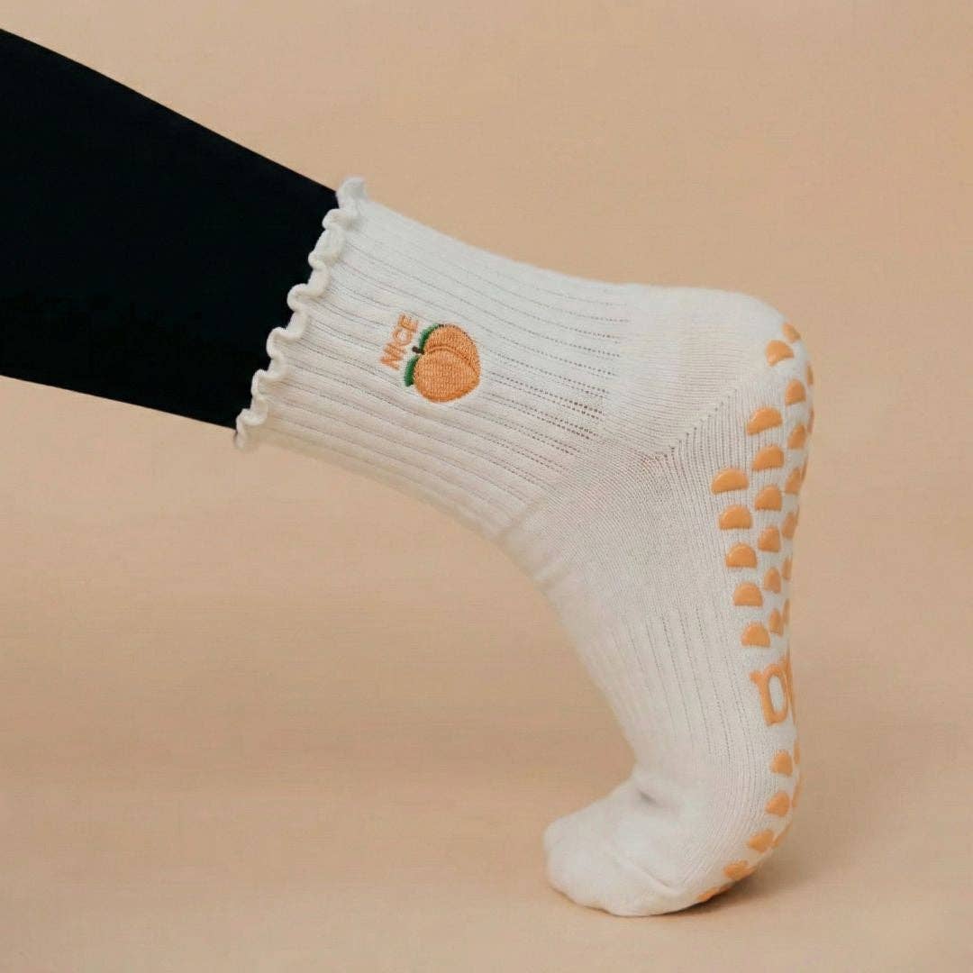 Nice Peach Fruit on Cream Ruffle Pilates Grip Sock