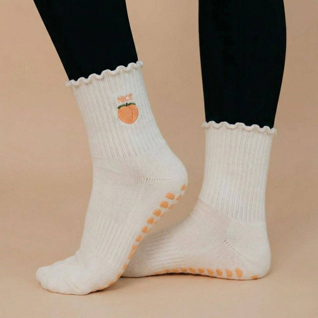Nice Peach Fruit on Cream Ruffle Pilates Grip Sock
