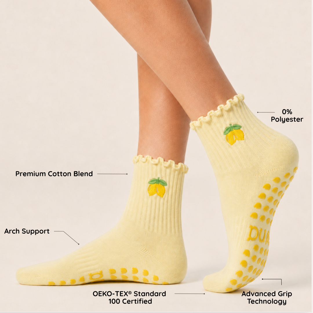 Yellow Lemon Embroidered Scalloped Pilates Grip Socks: One Size