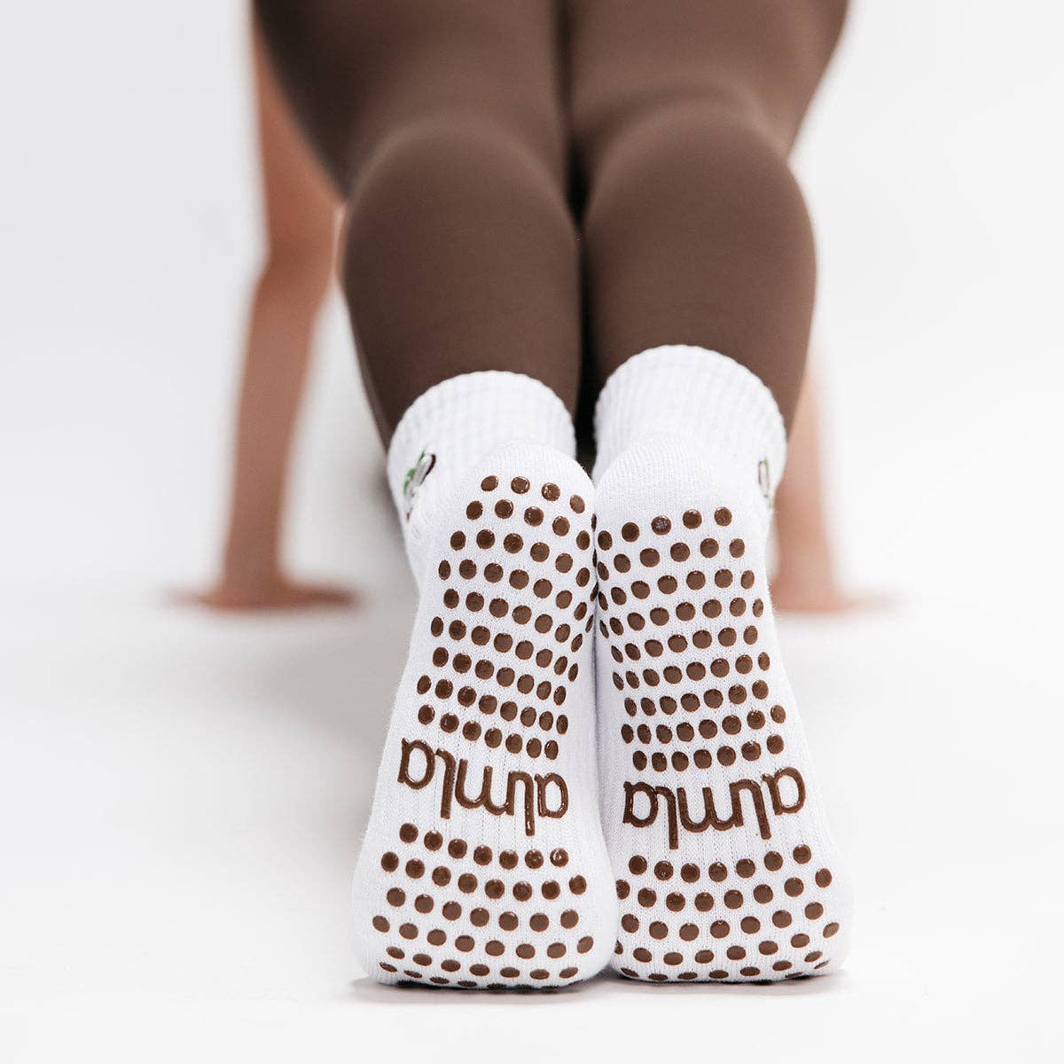 Coconut Embroidered Summer Pilates Grip Sock Brown Details