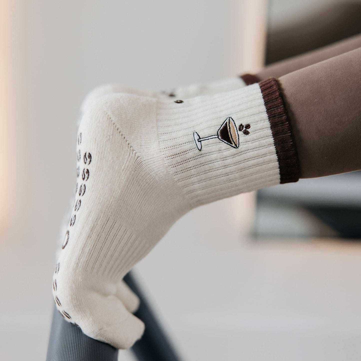 Espresso Martini Embroidered on Cream Pilates Grip Socks