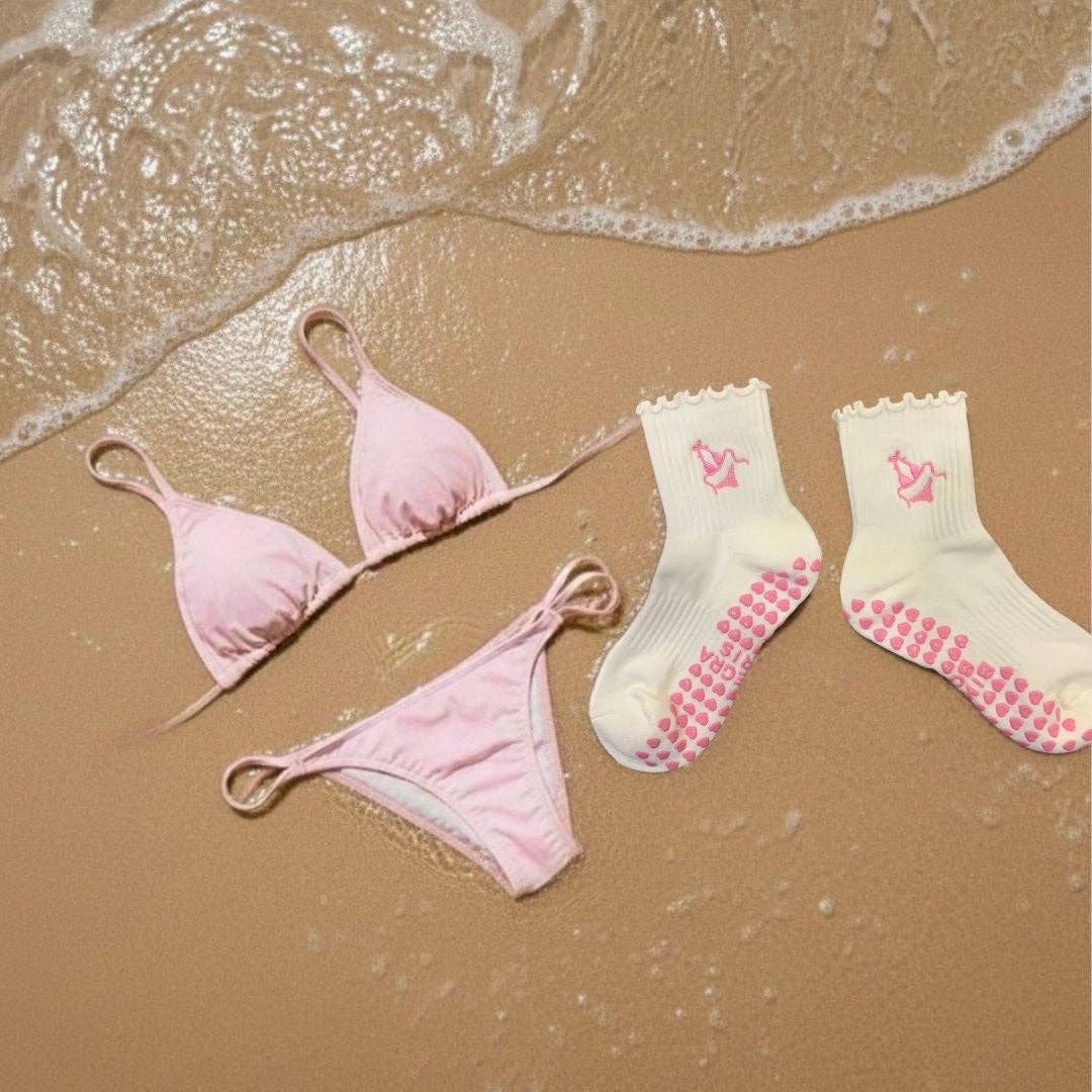 Pink Bikini on Ruffle Cream Pilates Grip Sock Heart Grips