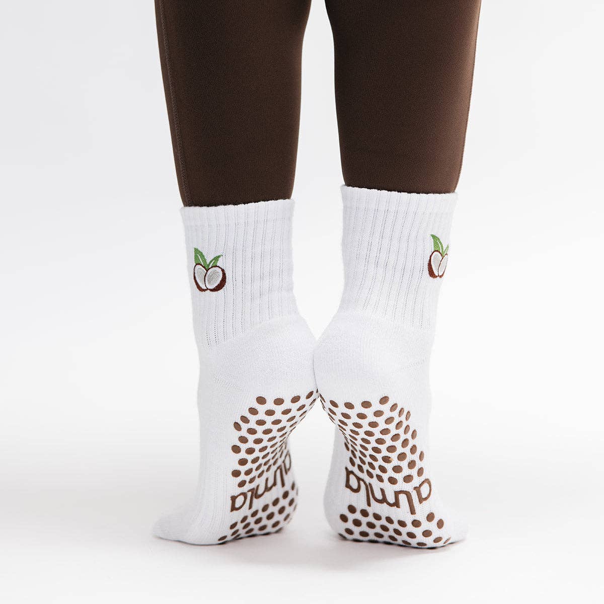 Coconut Embroidered Summer Pilates Grip Sock Brown Details