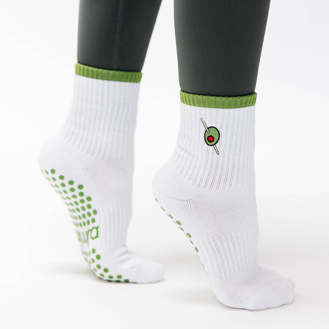 Olive Embroidered Green Striped Pilates Grip Socks Martini
