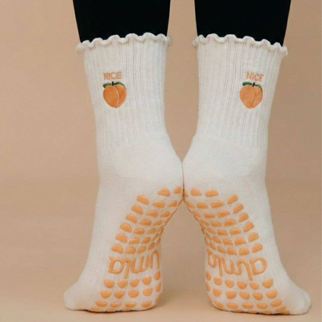 Nice Peach Fruit on Cream Ruffle Pilates Grip Sock