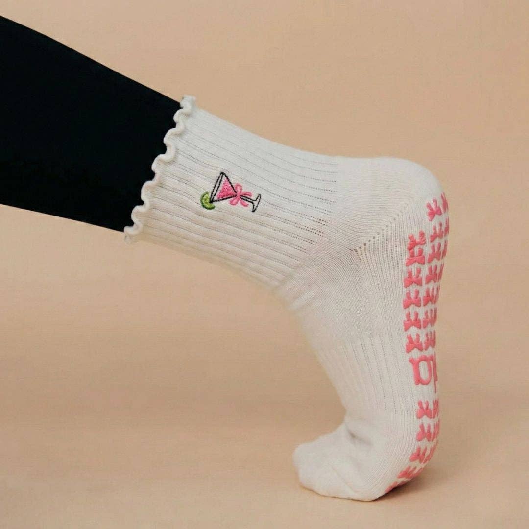 Cosmopolitan Embroidered Pilates Socks Pink Bow Grips